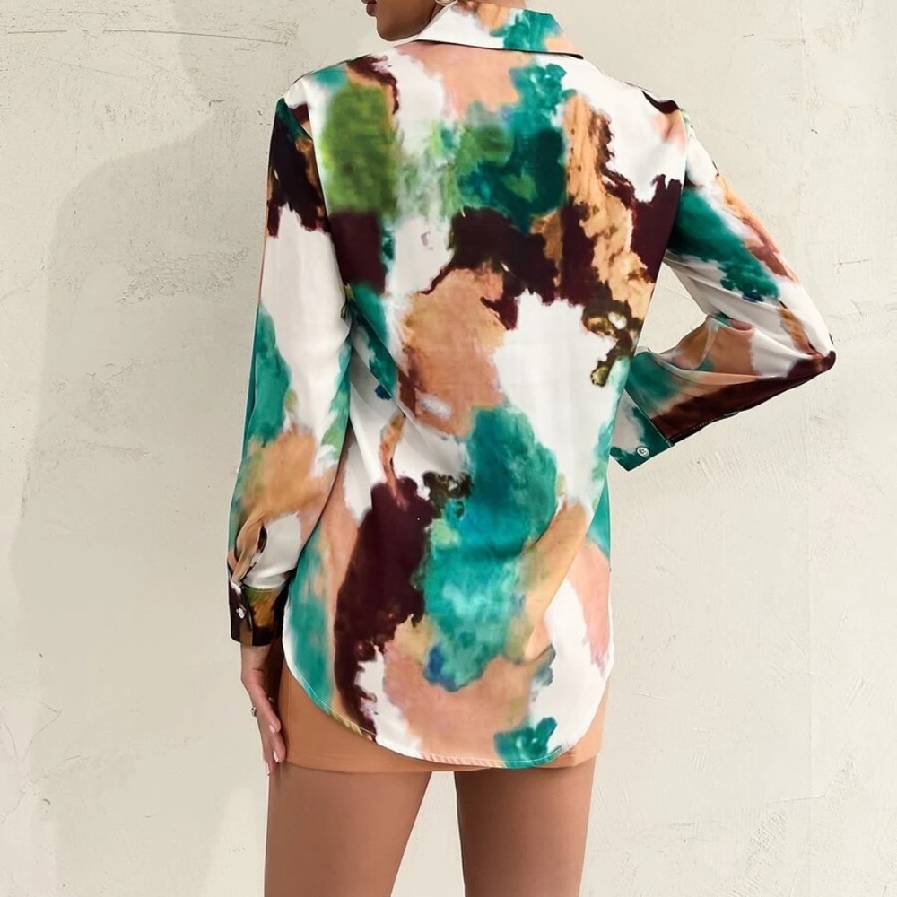 Boho Tie Dye Button Up Work Office Satin Top - Picture 3 of 6